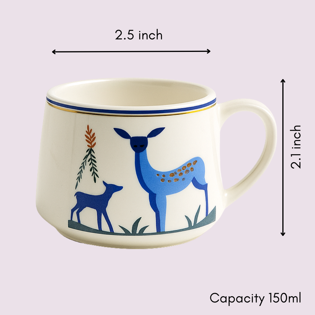 “Close-up of IndoCasa ceramic deer print kulhad – 2.5 inch wide, 2.1 inch tall, 150ml capacity.”