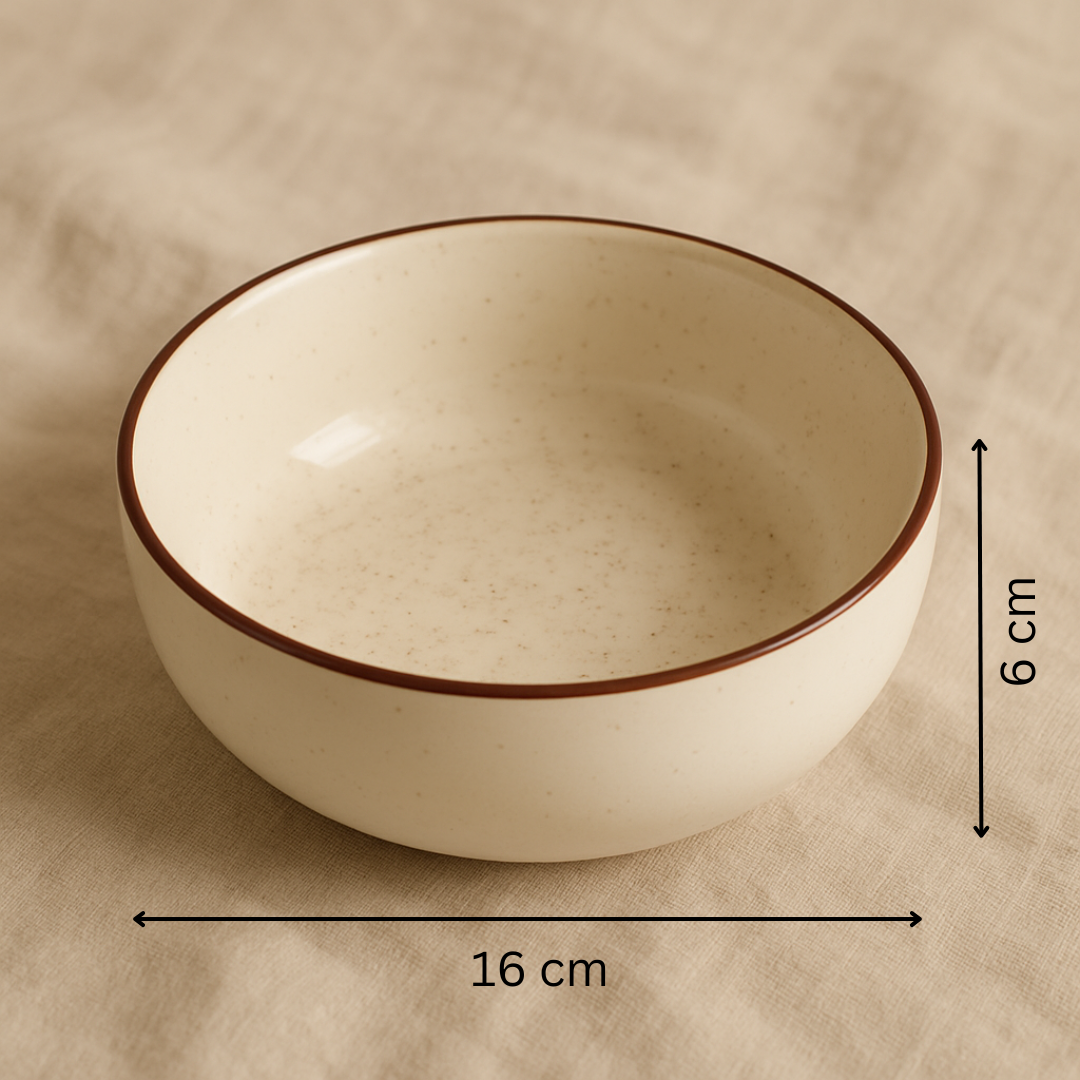 IndoCasa Handcrafted Ceramic Bowl Set of 2- Off-White with Brown Rim (6.5”)