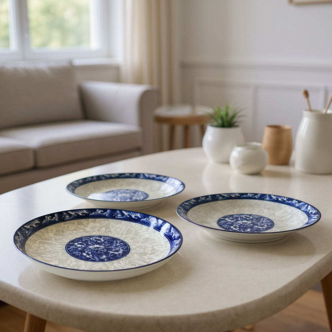 Set of 3 blue and white floral plates styled in a minimal living room setting