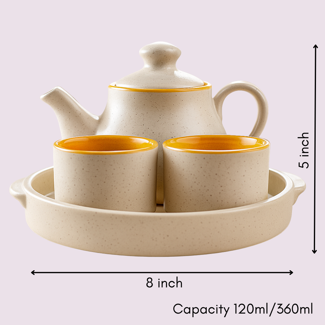 Ceramic teapot set dimensions shown—5 inches height, 8 inches width; includes one teapot (360ml) and two cups (120ml each), in beige with mustard yellow inner lining.