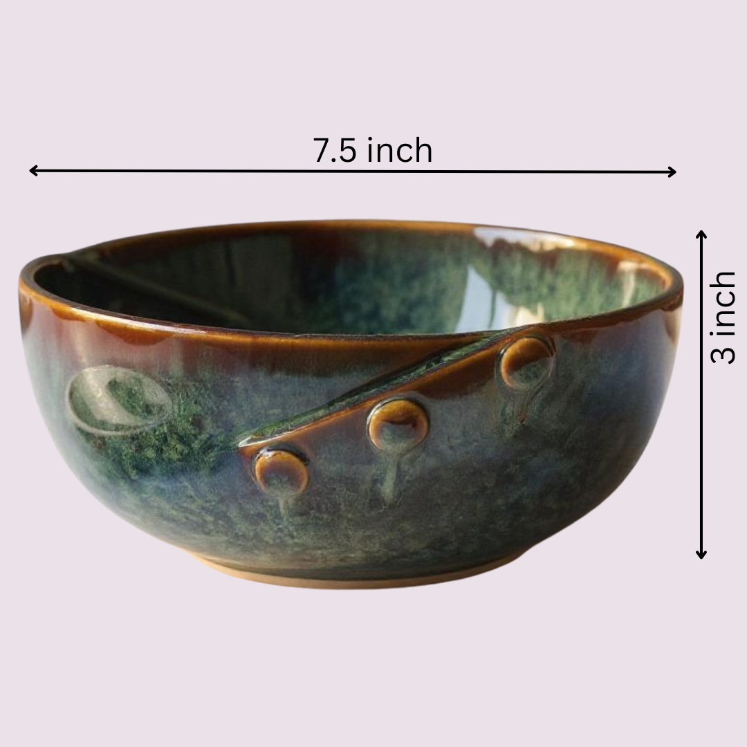 Ceramic serving bowl with measurement labels – 7.5 inches wide and 3 inches tall