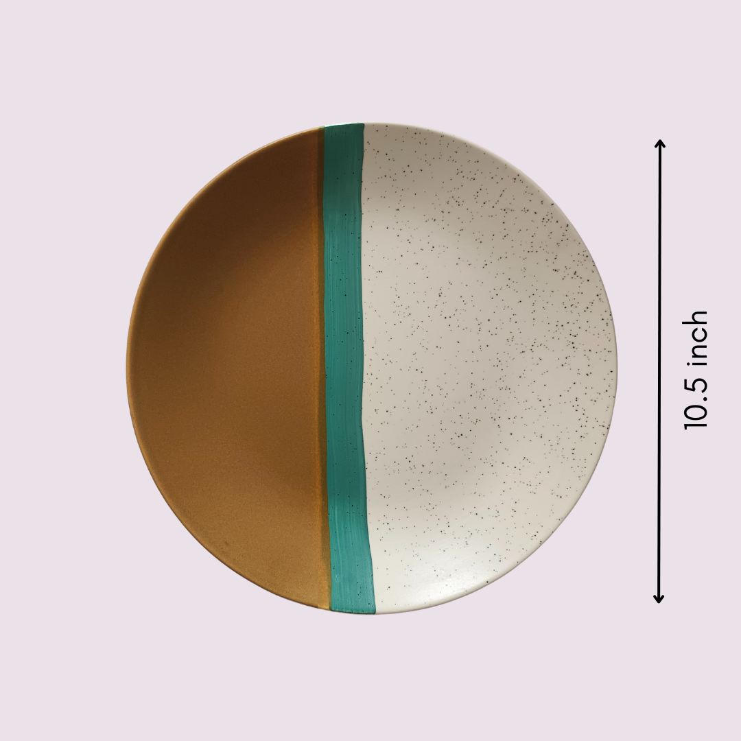 Top view of 10.5 inch ceramic dinner plate with speckled finish and teal brushstroke design