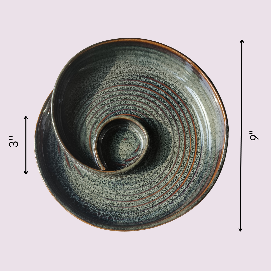 Flat-lay view of IndoCasa spiral ceramic platter on pastel background with dimension markings 9” diameter, 3” height