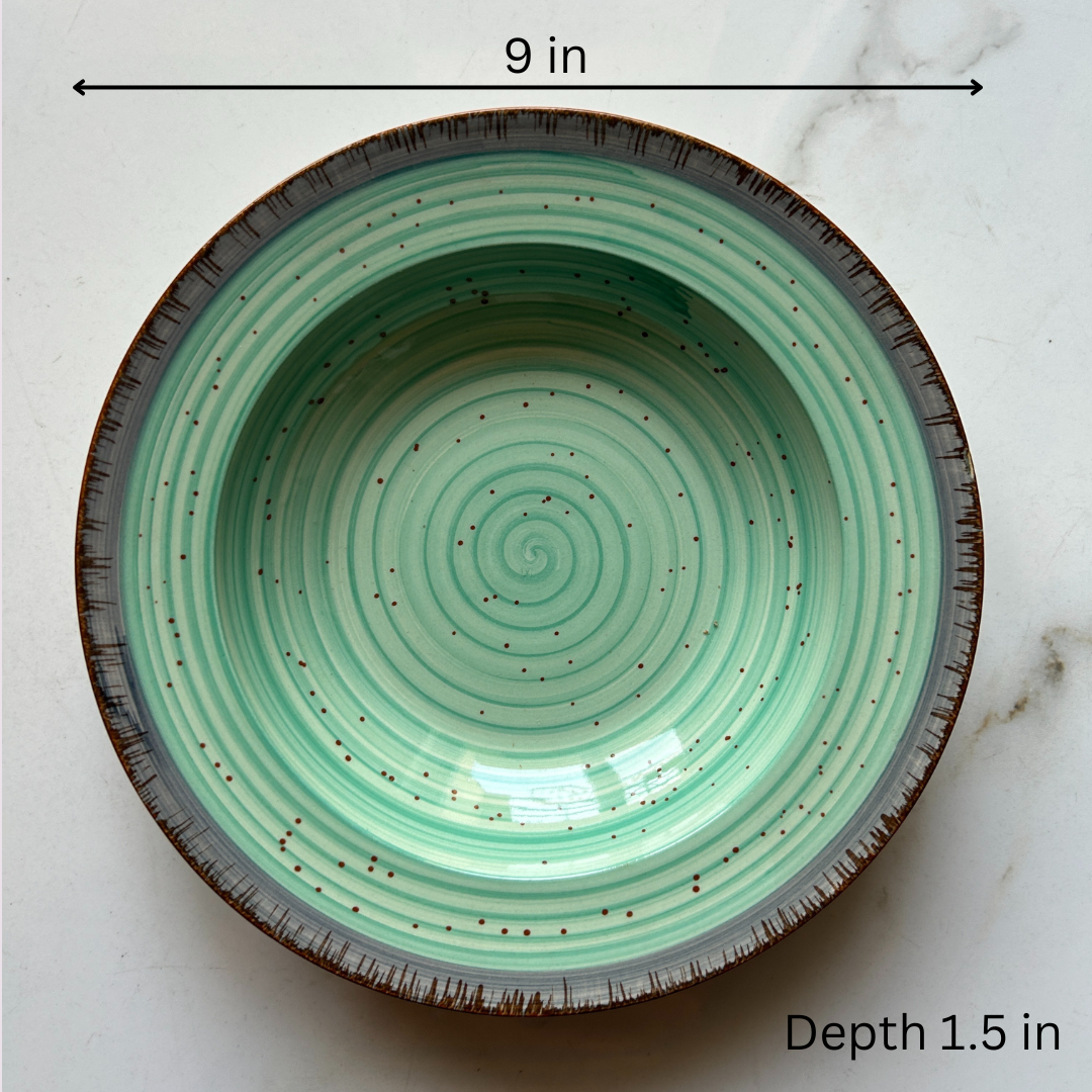 IndoCasa Handcrafted Ceramic Pasta Plate Set of 2,4 | Deep Round 9” Plates for Pasta, Salads, Bowls & Mains | Microwave & Dishwasher Safe | Sage Green with Speckled Glaze| Gift-Ready
