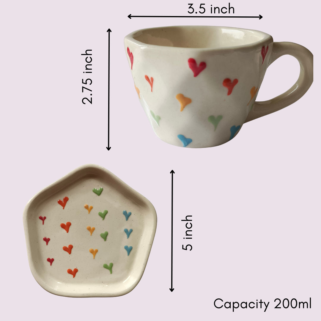 Dimensions of IndoCasa heart cup and matching plate with 200ml capacity