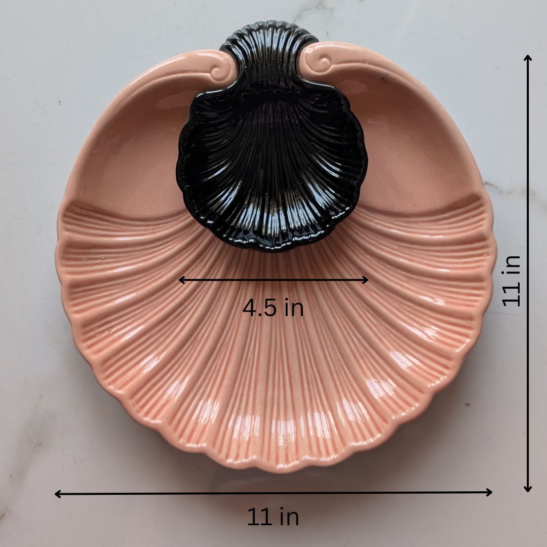 IndoCasa Shell-Shaped Ceramic Platter with Dip Bowl – White & Black | 11”
