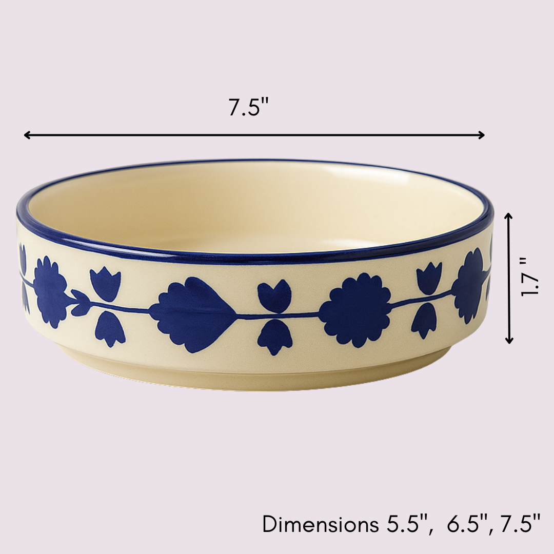 Handcrafted floral ceramic bowl with dimensions labeled 7.5 inches diameter and 1.7 inches height