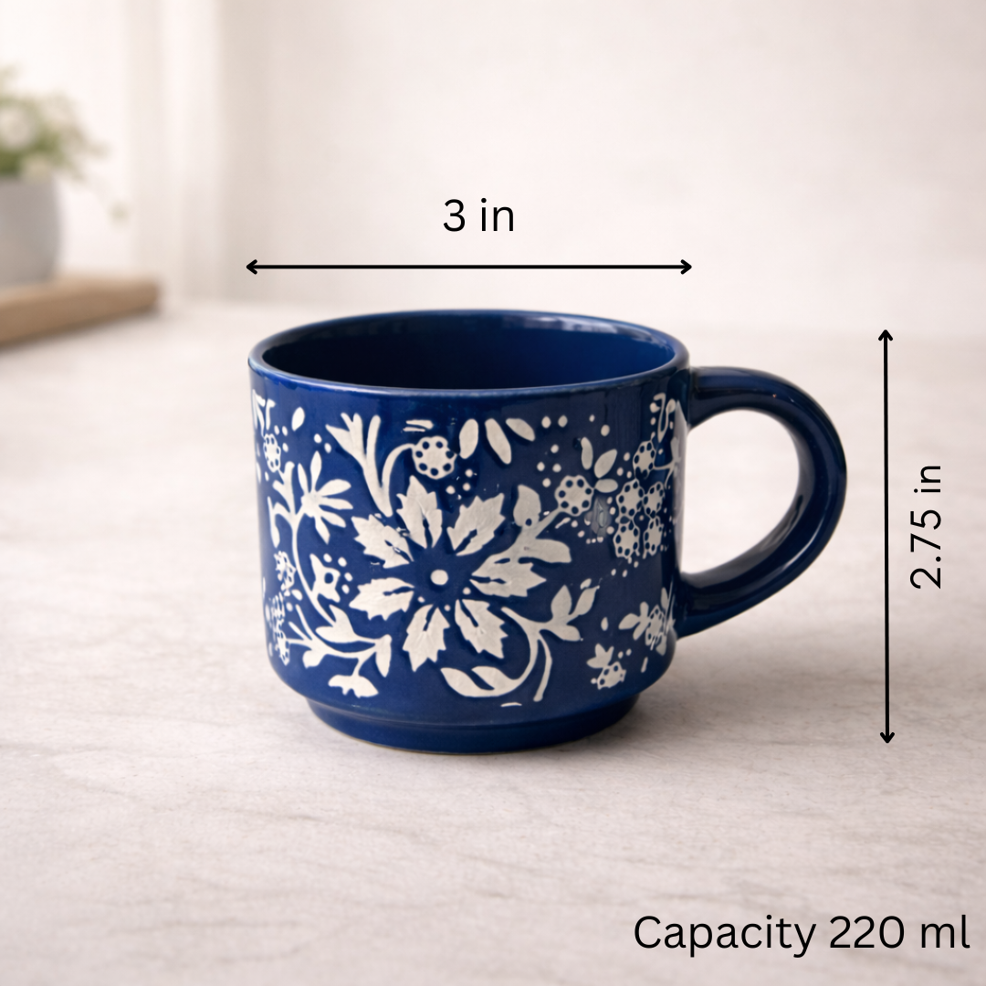IndoCasa Ocean Floral Cups – Stackable Handcrafted Ceramic Coffee & Tea Mugs with Stand | Floral Design | Microwave & Dishwasher Safe | 220 ml (Set of 4)