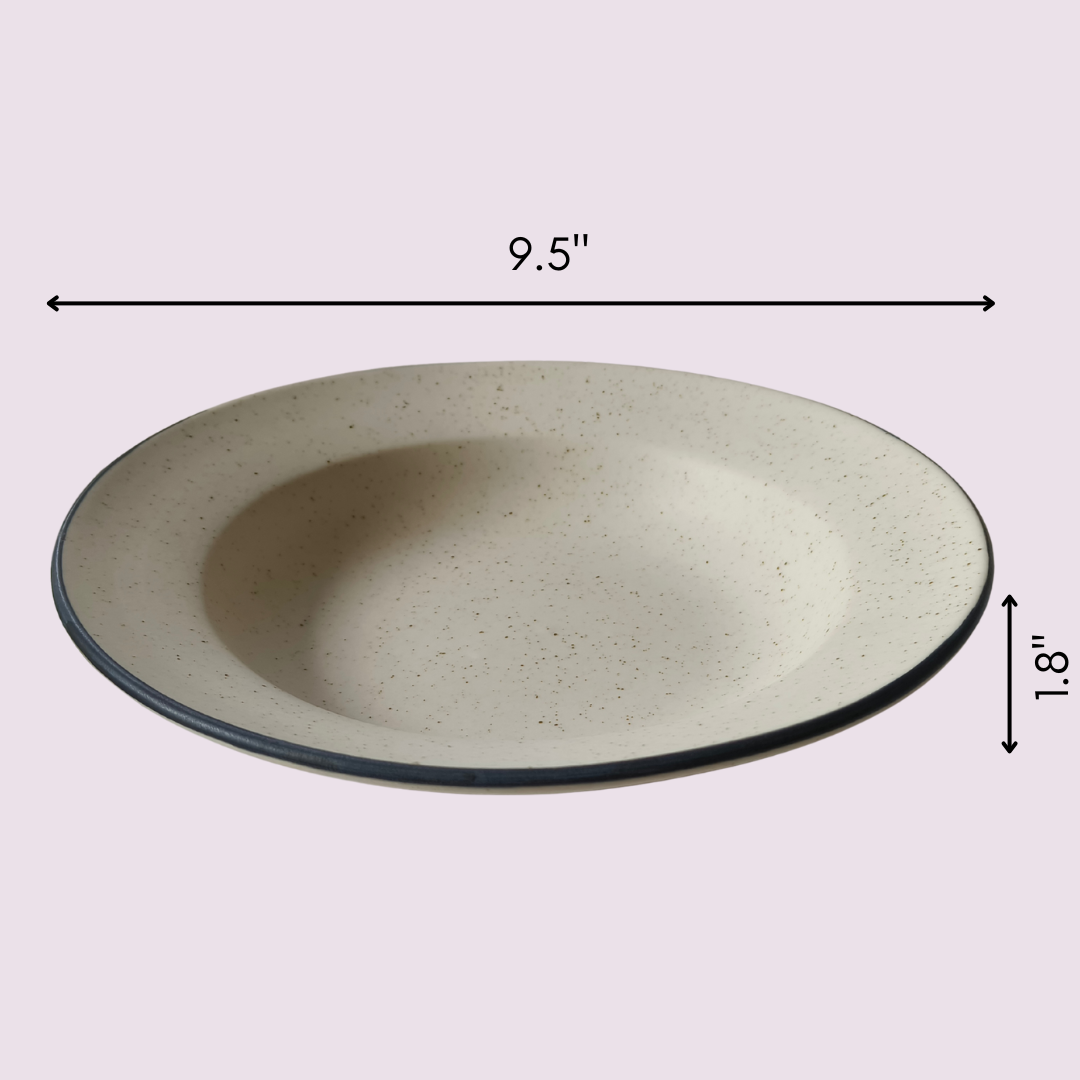 Beige ceramic bowl with measurements on a light purple background