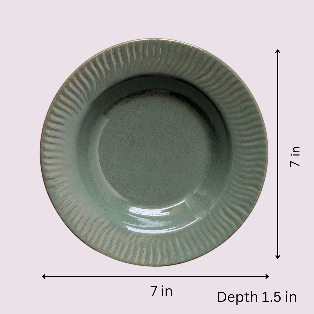 Indocasa Handcrafted Ceramic Deep Soup Plate / Shallow Bowl Set of 2 | Green Artisanal Plates for Snacks, Starters, Salad, Maggi, Noodles & Side Pasta | 7in