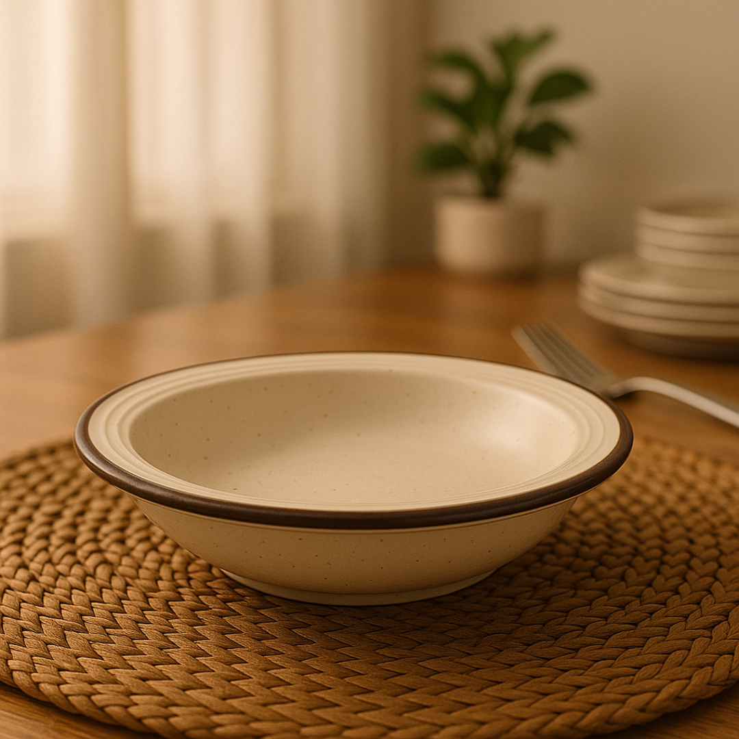 IndoCasa Handcrafted Ceramic Shallow Breakfast Bowls Set of 4 | 18 cm Speckled Off-White with Brown Rim