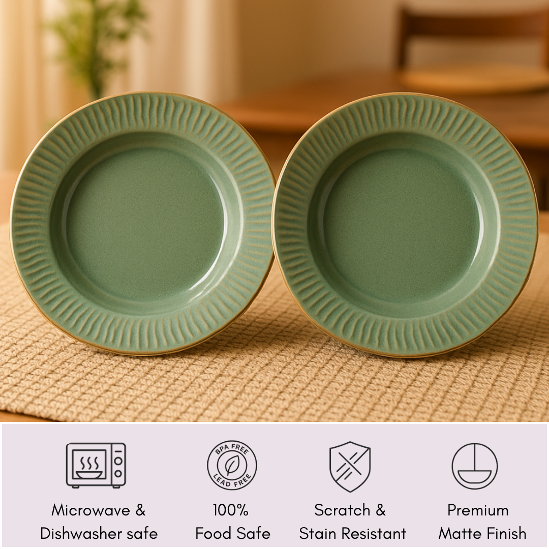 Indocasa Handcrafted Ceramic Deep Soup Plate / Shallow Bowl Set of 2 | Green Artisanal Plates for Snacks, Starters, Salad, Maggi, Noodles & Side Pasta | 7in