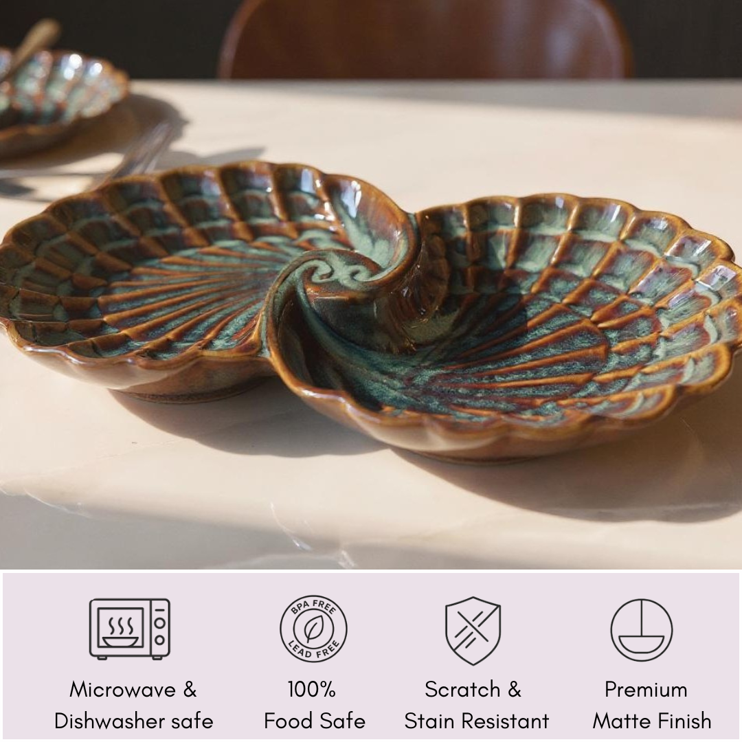 Rustic green dual-compartment ceramic platter with microwave, food-safe, and scratch-resistant icons