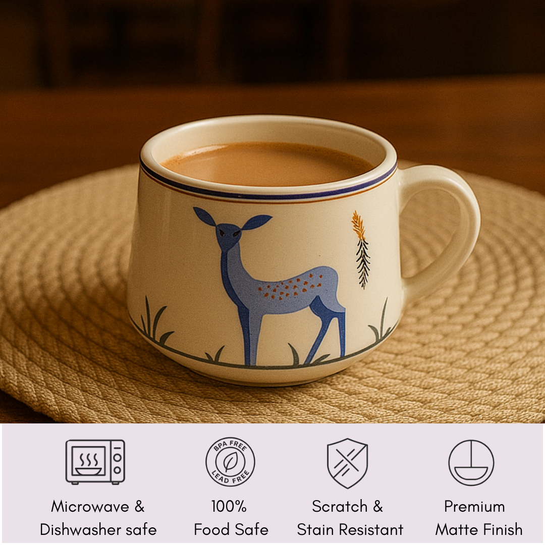 “IndoCasa ceramic tea cup filled with chai, highlighting BPA-free, microwave-safe, and matte finish icons.”