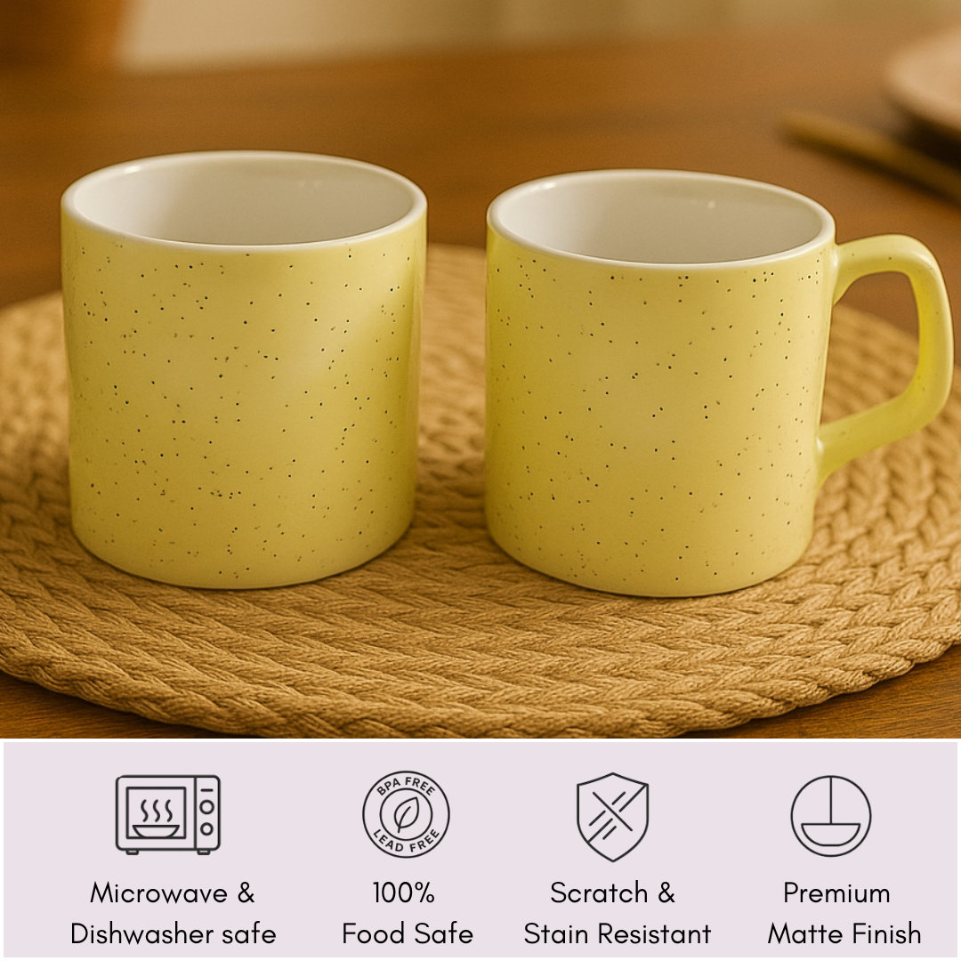 Two yellow mugs with icons showing microwave safe, food safe, scratch resistant, and matte finish.