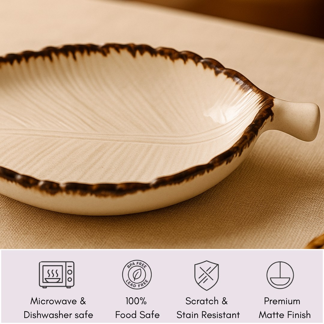 Close-up of platter showing fine texture and brown rim with icons highlighting food safety and microwave-safe properties.