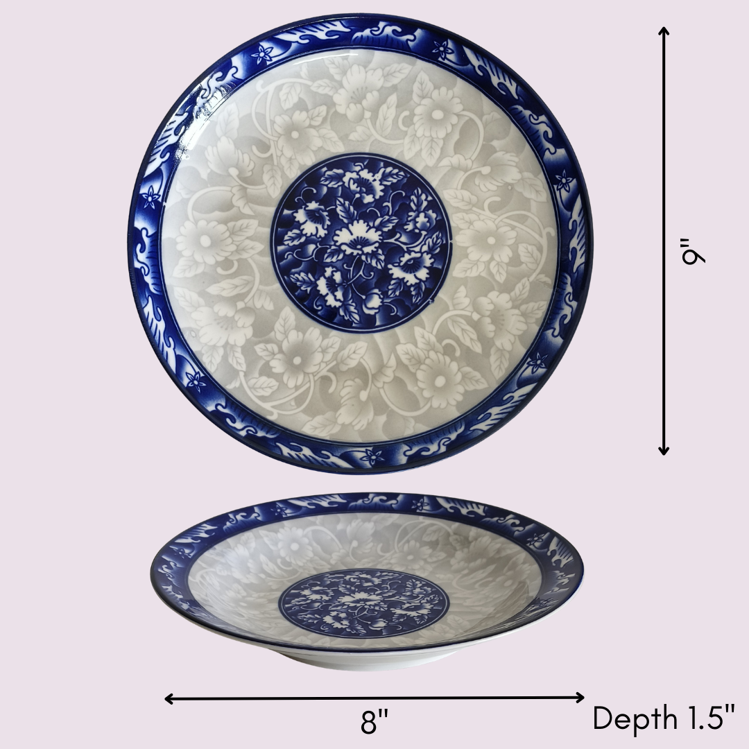 Ceramic plate with blue and white floral design, shown from two angles with measurements on a light purple background.
