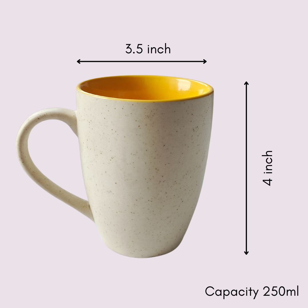 IndoCasa ceramic mug showing dimensions 3.5 inch width, 4 inch height, 250ml capacity