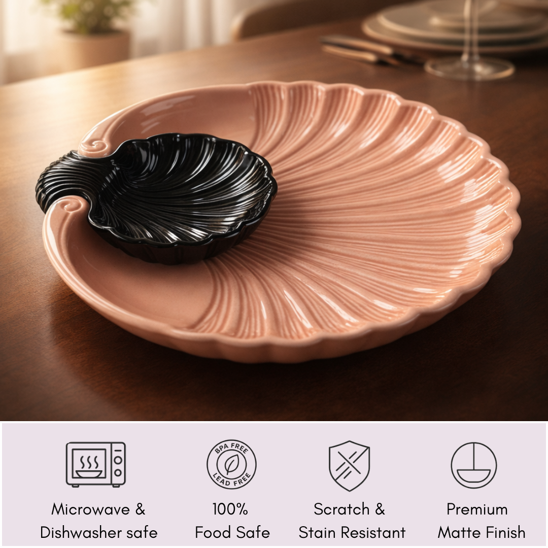 IndoCasa Shell-Shaped Ceramic Platter with Dip Bowl – White & Black | 11”