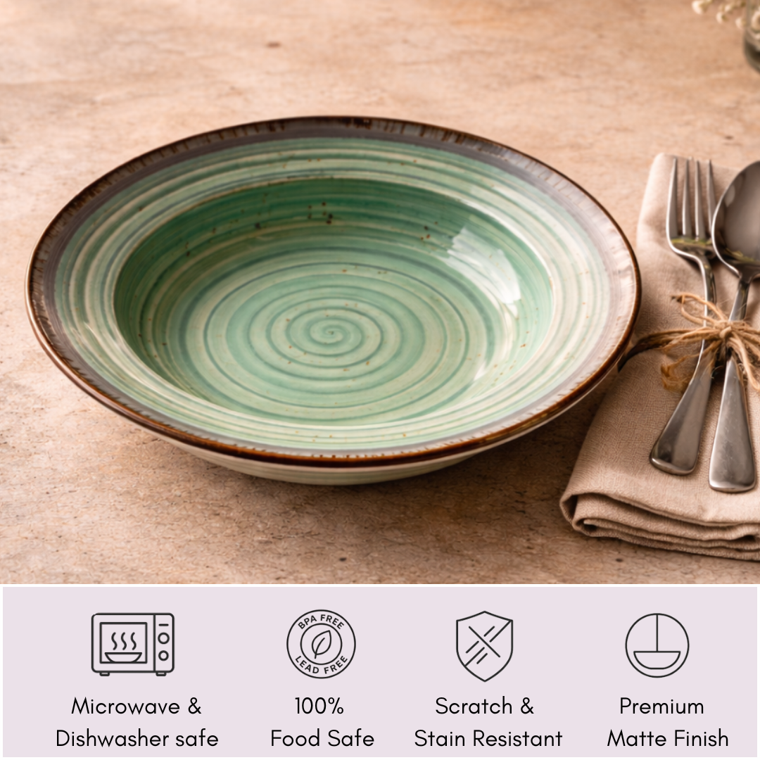 IndoCasa Handcrafted Ceramic Pasta Plate Set of 2,4 | Deep Round 9” Plates for Pasta, Salads, Bowls & Mains | Microwave & Dishwasher Safe | Sage Green with Speckled Glaze| Gift-Ready