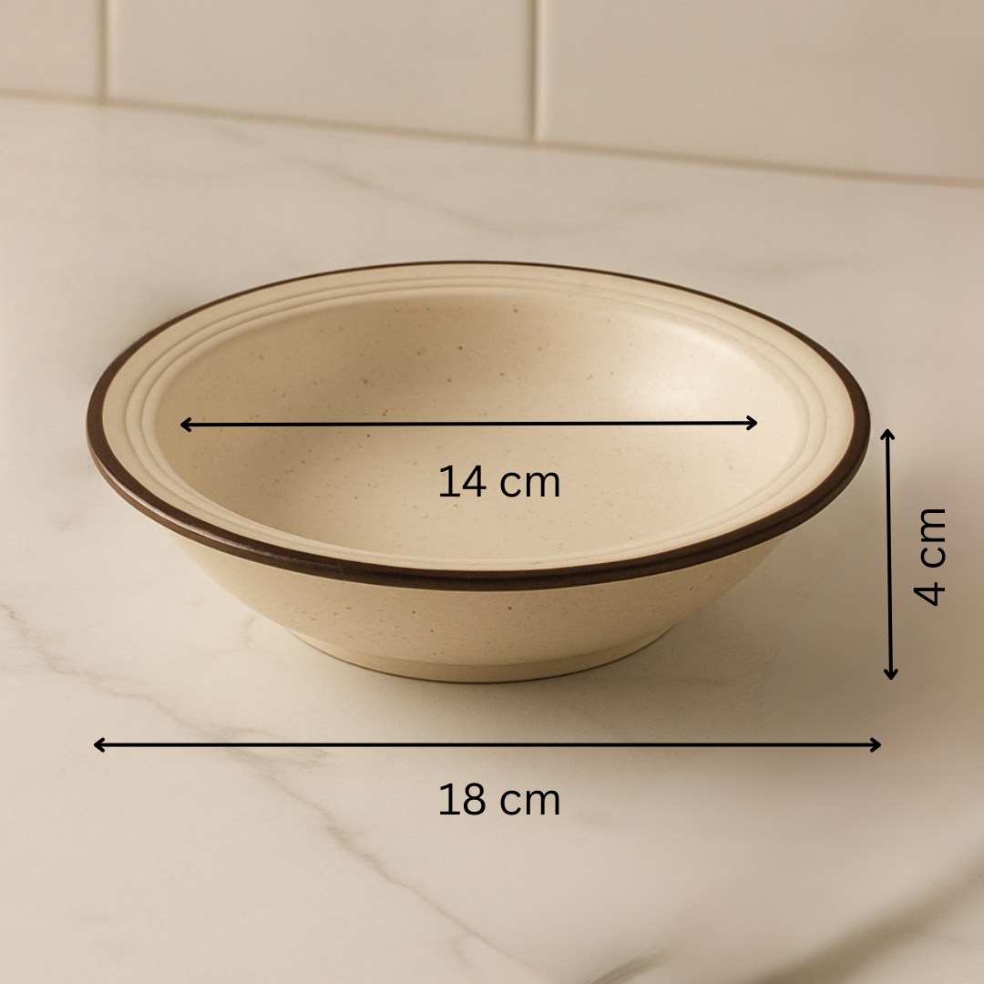 IndoCasa Handcrafted Ceramic Shallow Breakfast Bowls Set of 4 | 18 cm Speckled Off-White with Brown Rim