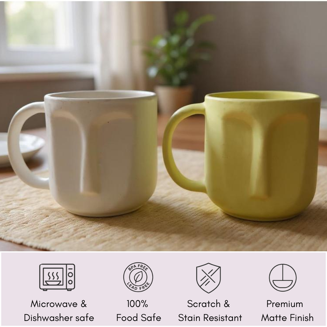 “Face-embossed mugs with icons showing microwave safe, food-safe, scratch-resistant, matte finish features.”
