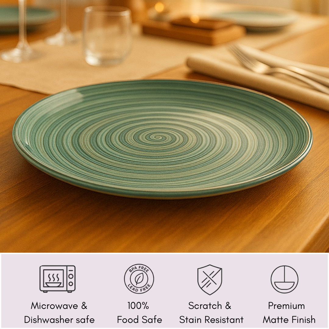 IndoCasa Handcrafted Ceramic Dinner Plate Set- 26 cm | Green Spiral Glazed Plates |Set of 4