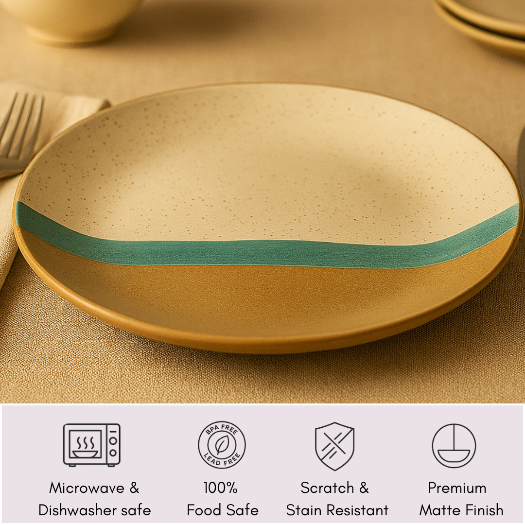 Speckled beige ceramic plate with teal brushstroke – microwave safe, food safe, stain resistant and matte finish icons