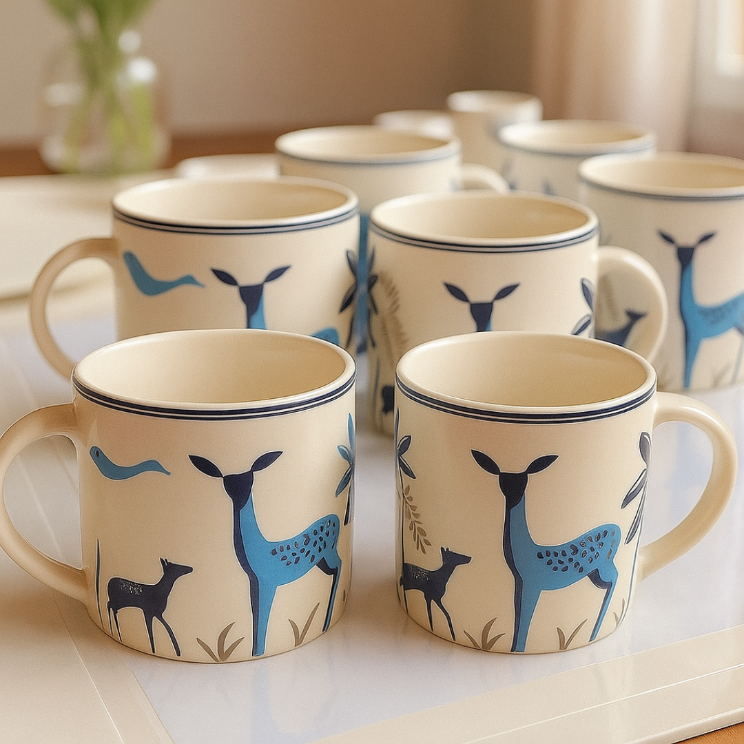 Close-up of multiple blue deer printed ceramic mugs in natural light