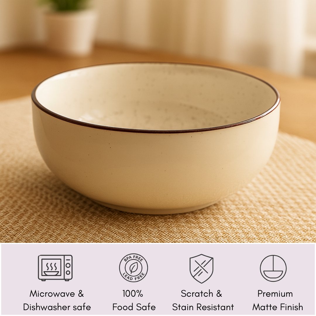 IndoCasa Handcrafted Ceramic Bowl Set of 2- Off-White with Brown Rim (6.5”)