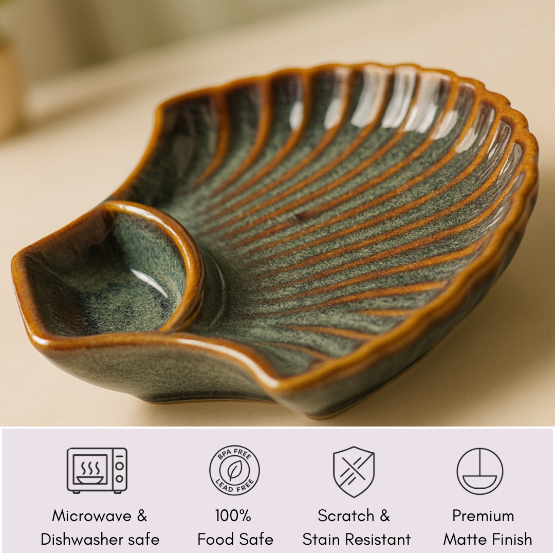 "IndoCasa platter with feature icons highlighting food-safe, microwave safe, stain-resistant benefits"