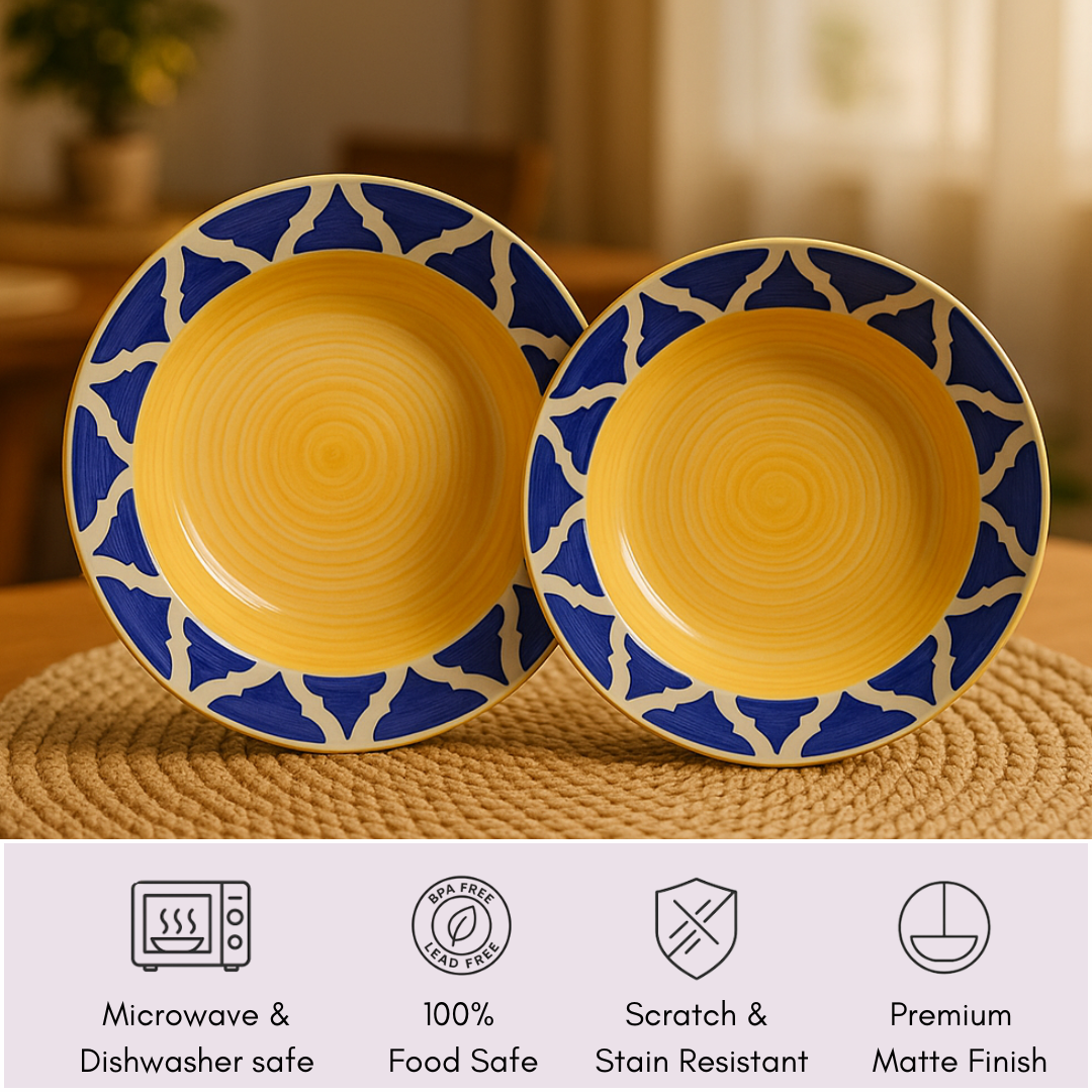 IndoCasa Handcrafted Ceramic Pasta Plate Set of 2– Yellow & Cobalt Blue Moroccan pattern