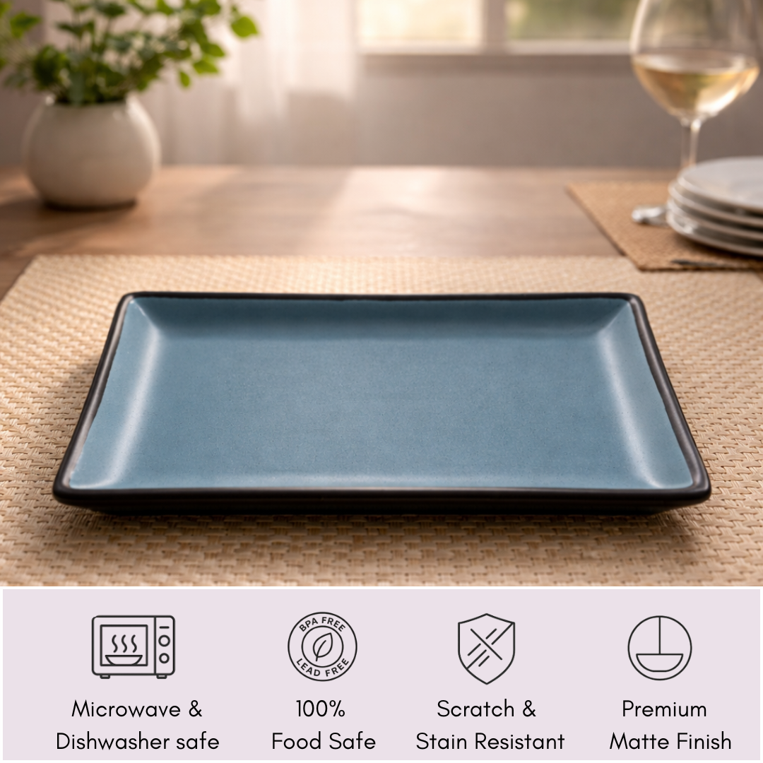 IndoCasa Handcrafted Ceramic Rectangular Serving Platter Set of 2 | Minimal Blue-Grey Glazed Platters for Snacks, Starters, Sushi & Desserts | 9.5 x 5.5 Inch | Microwave & Dishwasher Safe | Elegant Gifting
