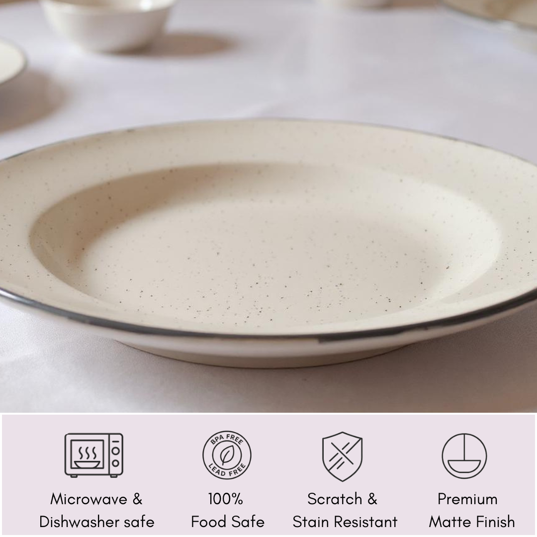 Beige ceramic plate on a light background with product features displayed below.