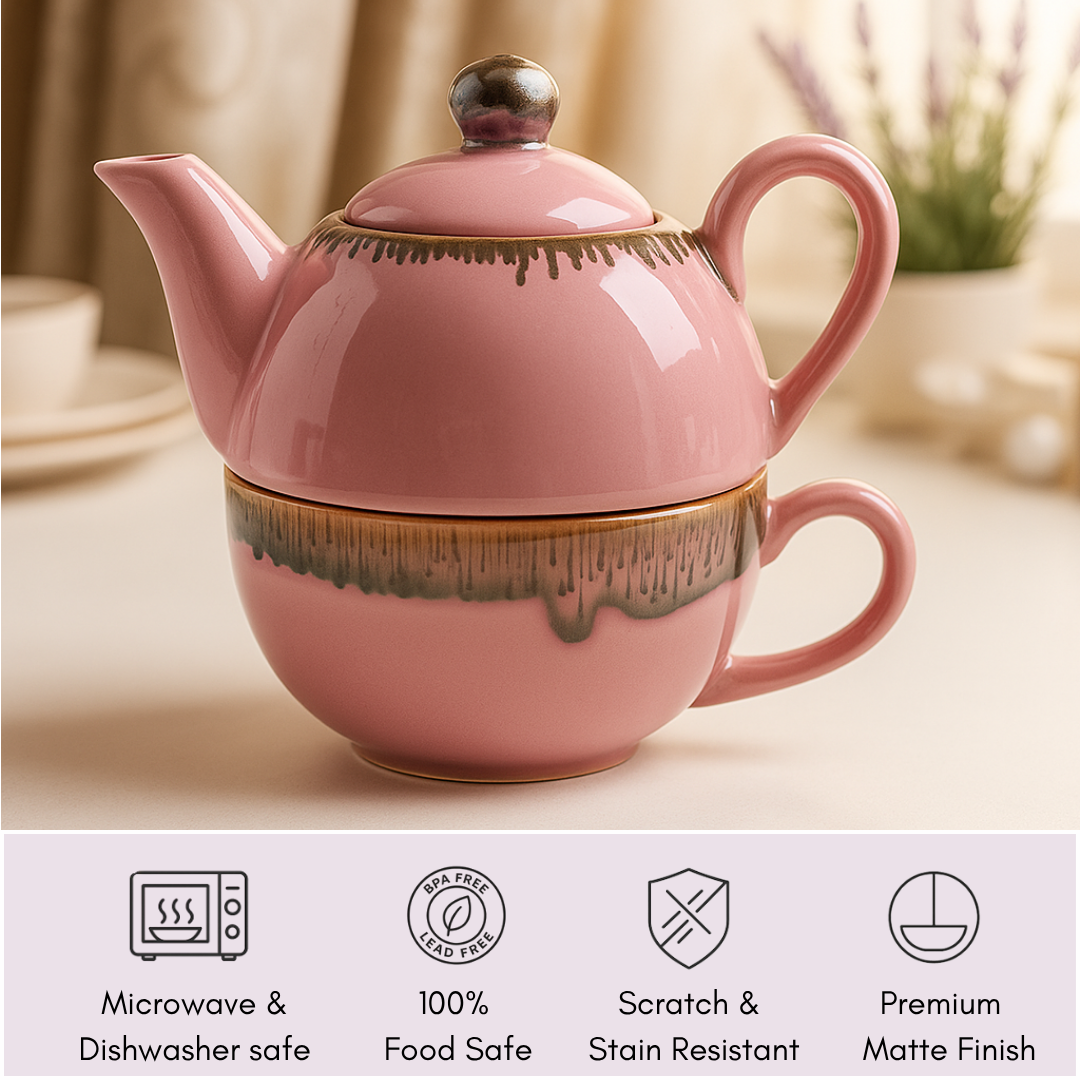 Tea set with icons highlighting features — microwave-safe, BPA-free, scratch-resistant.