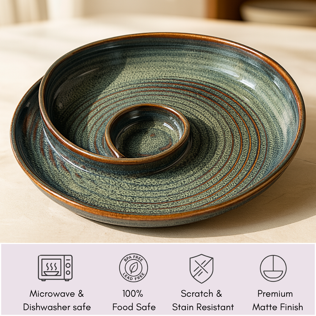 Spiral ceramic snack platter with dip bowl on sunlit beige tablecloth with icons