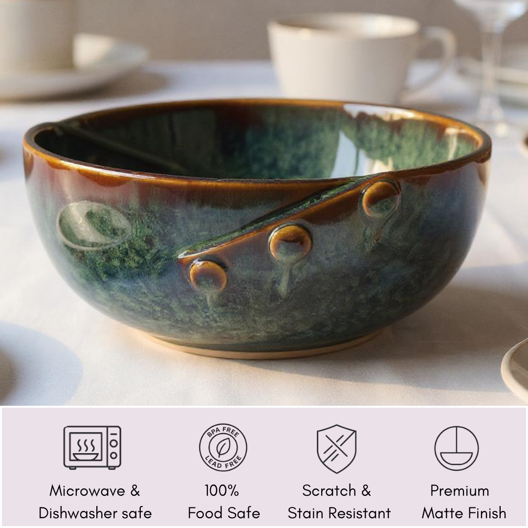 Rustic ceramic bowl with microwave safe, food safe, scratch-resistant, and matte finish icons