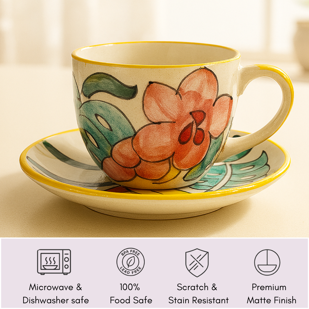Photorealistic Amazon-style image showcasing IndoCasa's ceramic tea cup with saucer, set against a blurred white table setting