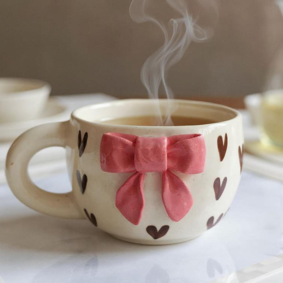 IndoCasa ceramic mug with pink bow and steam rising from hot drink, showing cozy tea-time