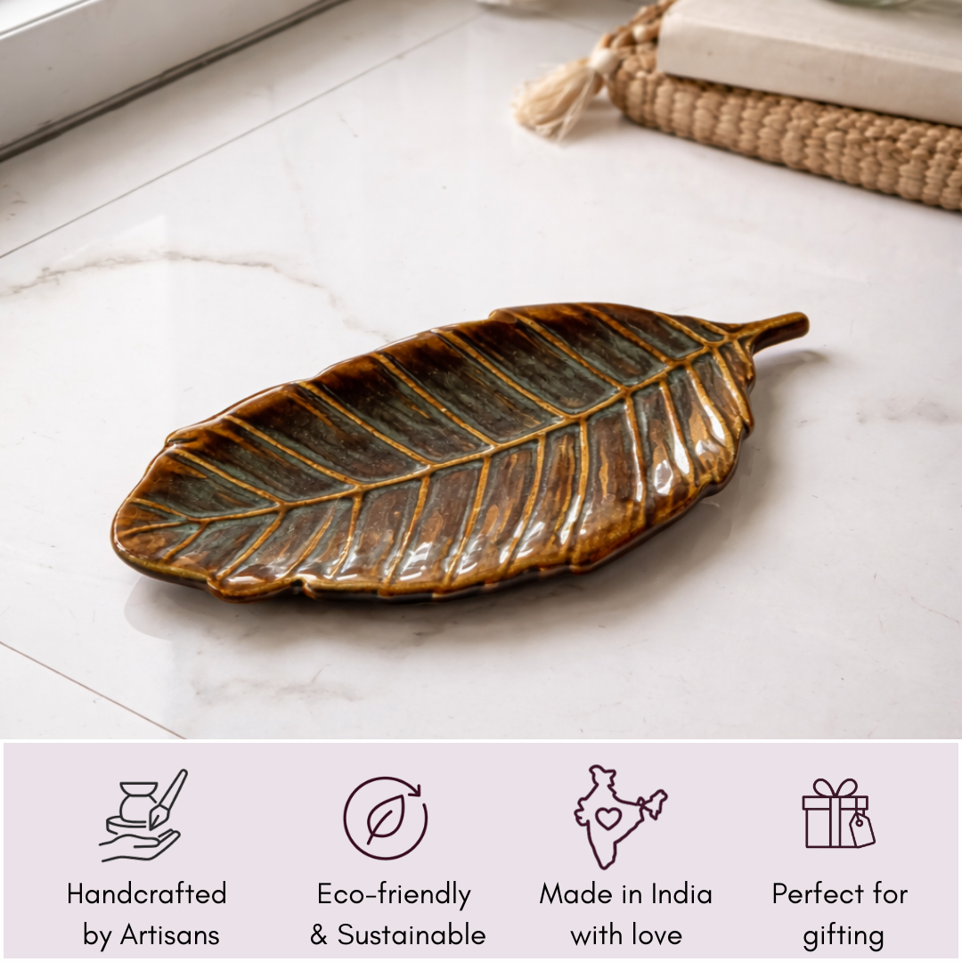 IndoCasa Handcrafted Leaf-Shaped Ceramic Platter | Brown & Green Glazed | 13” Snack & Appetiser Plate | Microwave Safe | Made in India