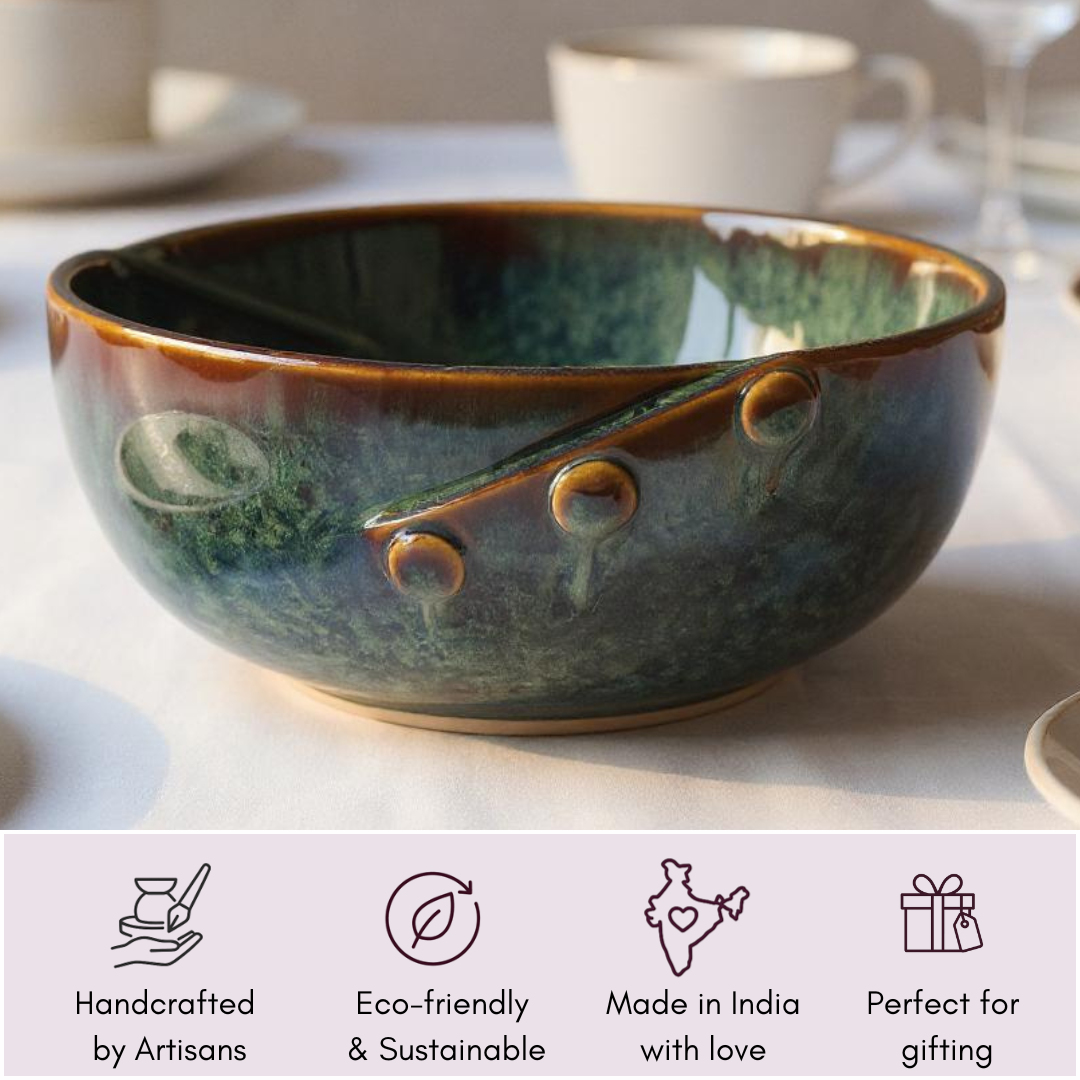 IndoCasa bowl shown with icons for handcrafted, sustainable, Indian-made and perfect for gifting