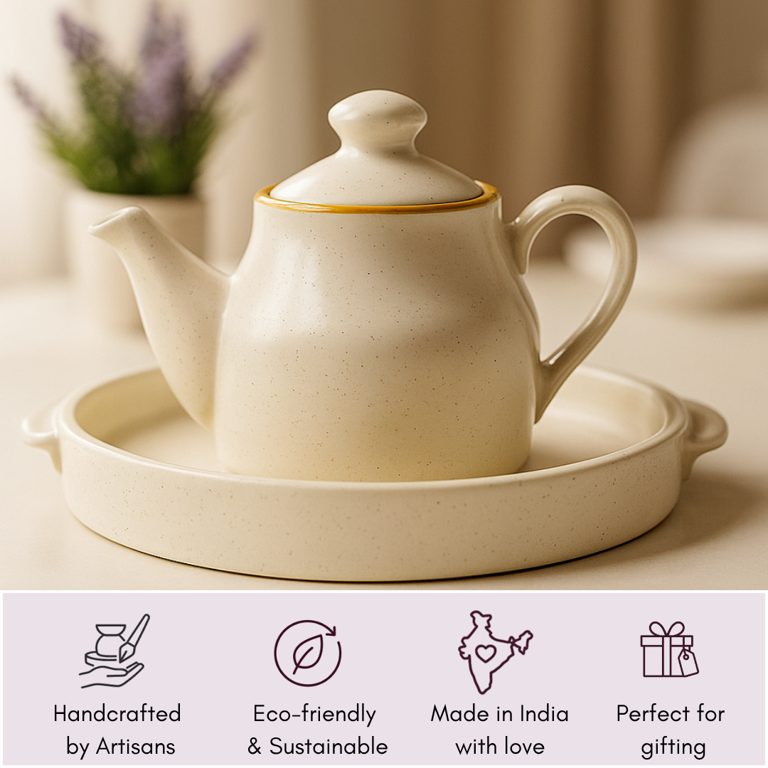 Handcrafted teapot with benefits shown below—handcrafted by artisans, eco-friendly and sustainable, made in India with love, perfect for gifting.