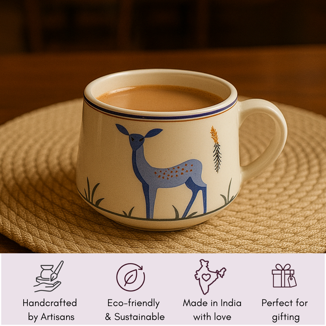 “IndoCasa ceramic mug with icons showing it is handcrafted, sustainable, made in India, and gifting-friendly.”
