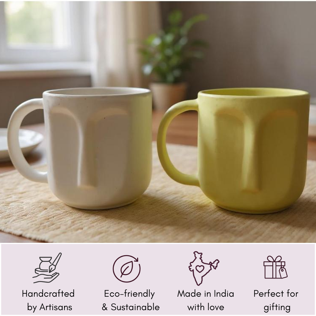 “Face mugs with icons for artisan-made, eco-friendly, made in India, and perfect for gifting – IndoCasa branding.”