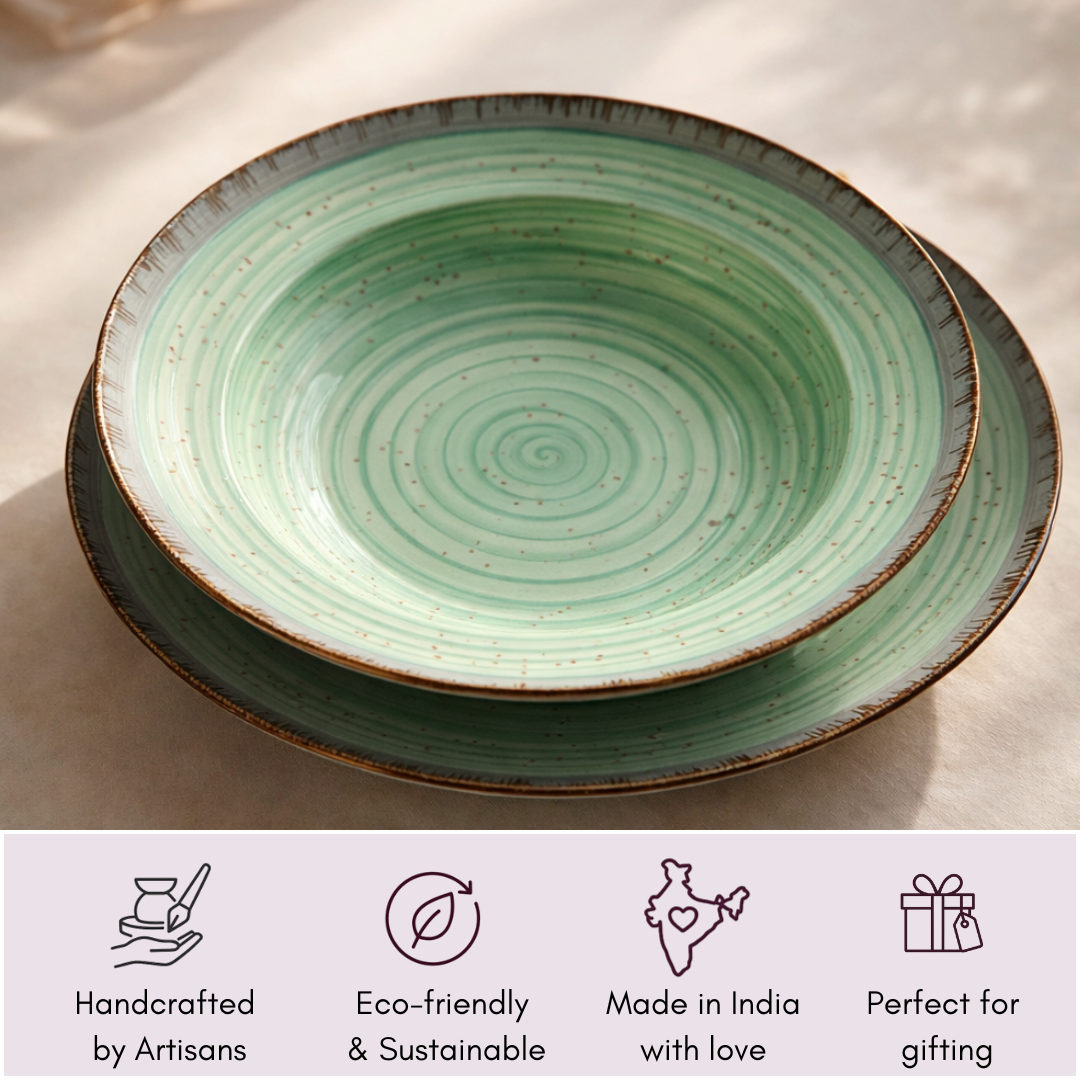 IndoCasa Handcrafted Ceramic Pasta Plate Set of 2,4 | Deep Round 9” Plates for Pasta, Salads, Bowls & Mains | Microwave & Dishwasher Safe | Sage Green with Speckled Glaze| Gift-Ready