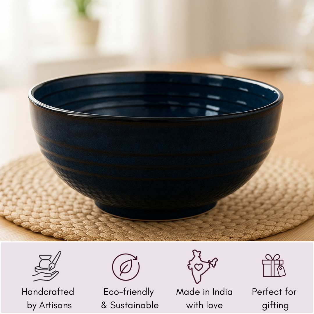 IndoCasa Midnight Blue Ceramic Serving Bowl | Handcrafted Glazed Stoneware Bowl | Serveware & Dinnerware | Set of 1- 17 cm