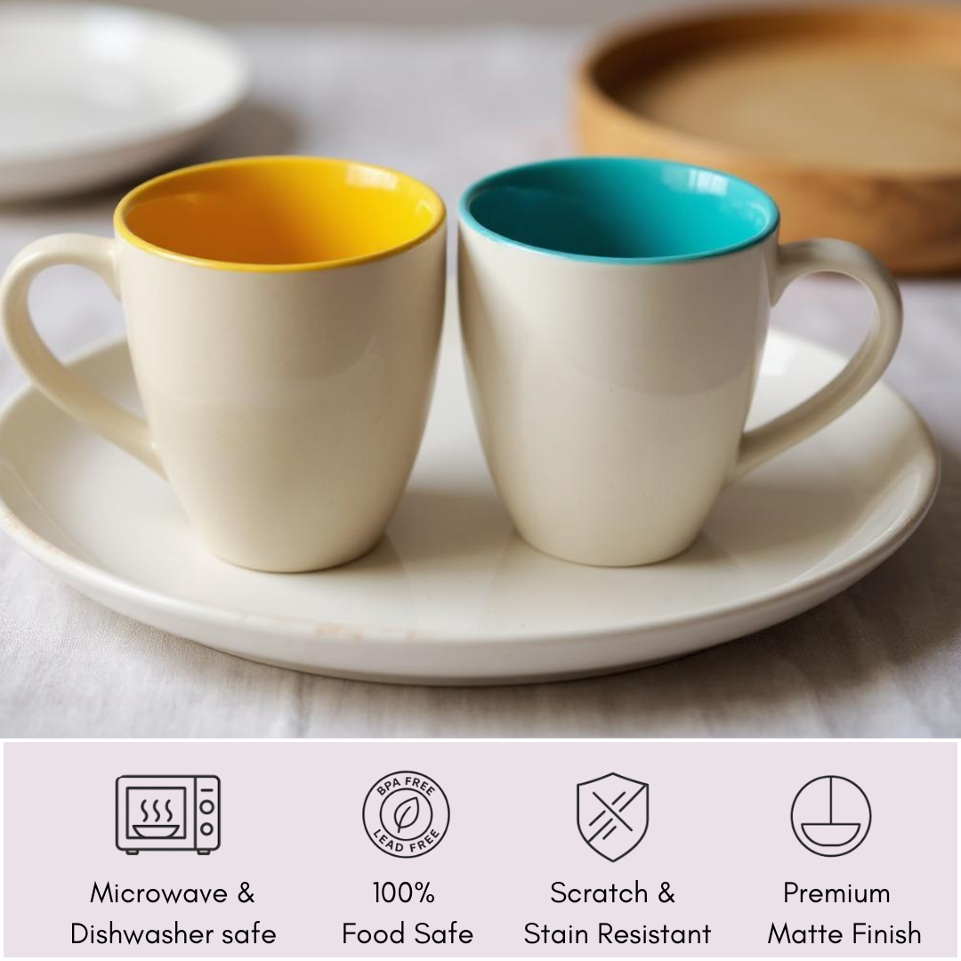 Two IndoCasa mugs displayed with microwave safe and food safety icons