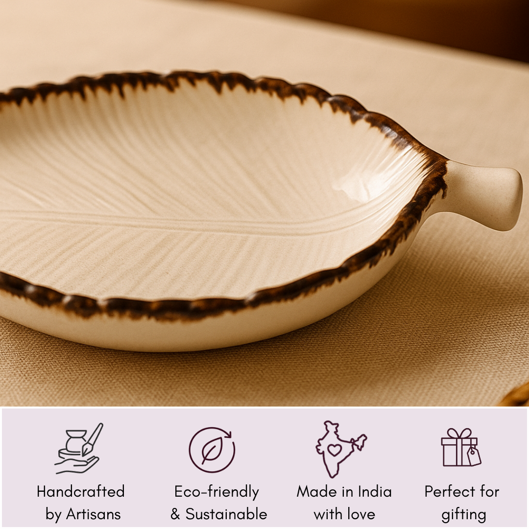 Close-up of leaf platter highlighting handmade finish, eco-friendly materials, and artisan origin.