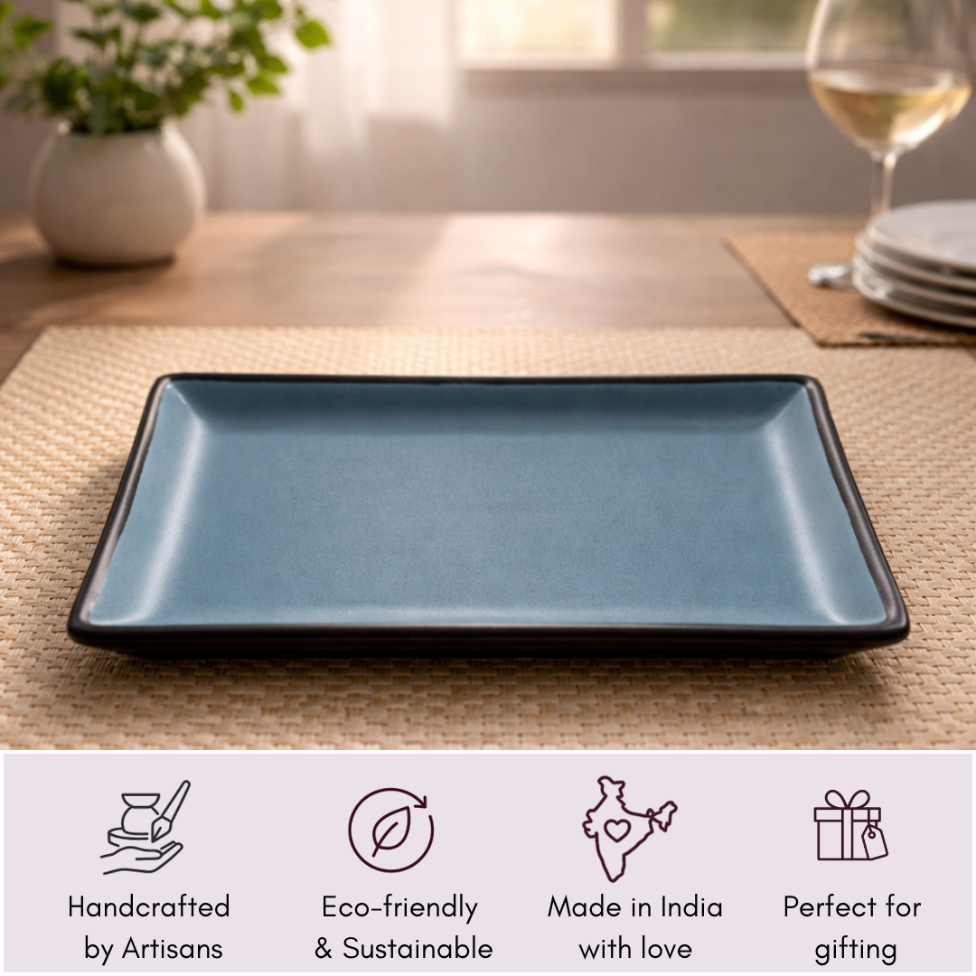 IndoCasa Handcrafted Ceramic Rectangular Serving Platter Set of 2 | Minimal Blue-Grey Glazed Platters for Snacks, Starters, Sushi & Desserts | 9.5 x 5.5 Inch | Microwave & Dishwasher Safe | Elegant Gifting