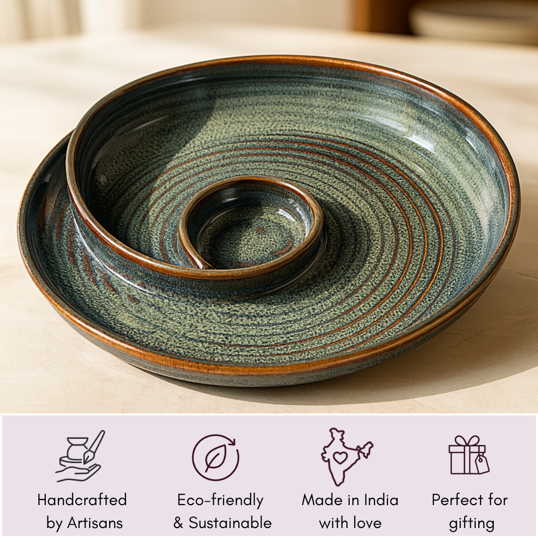 Handcrafted ceramic platter with inner dip section and gifting, artisan, eco-friendly icons displayed